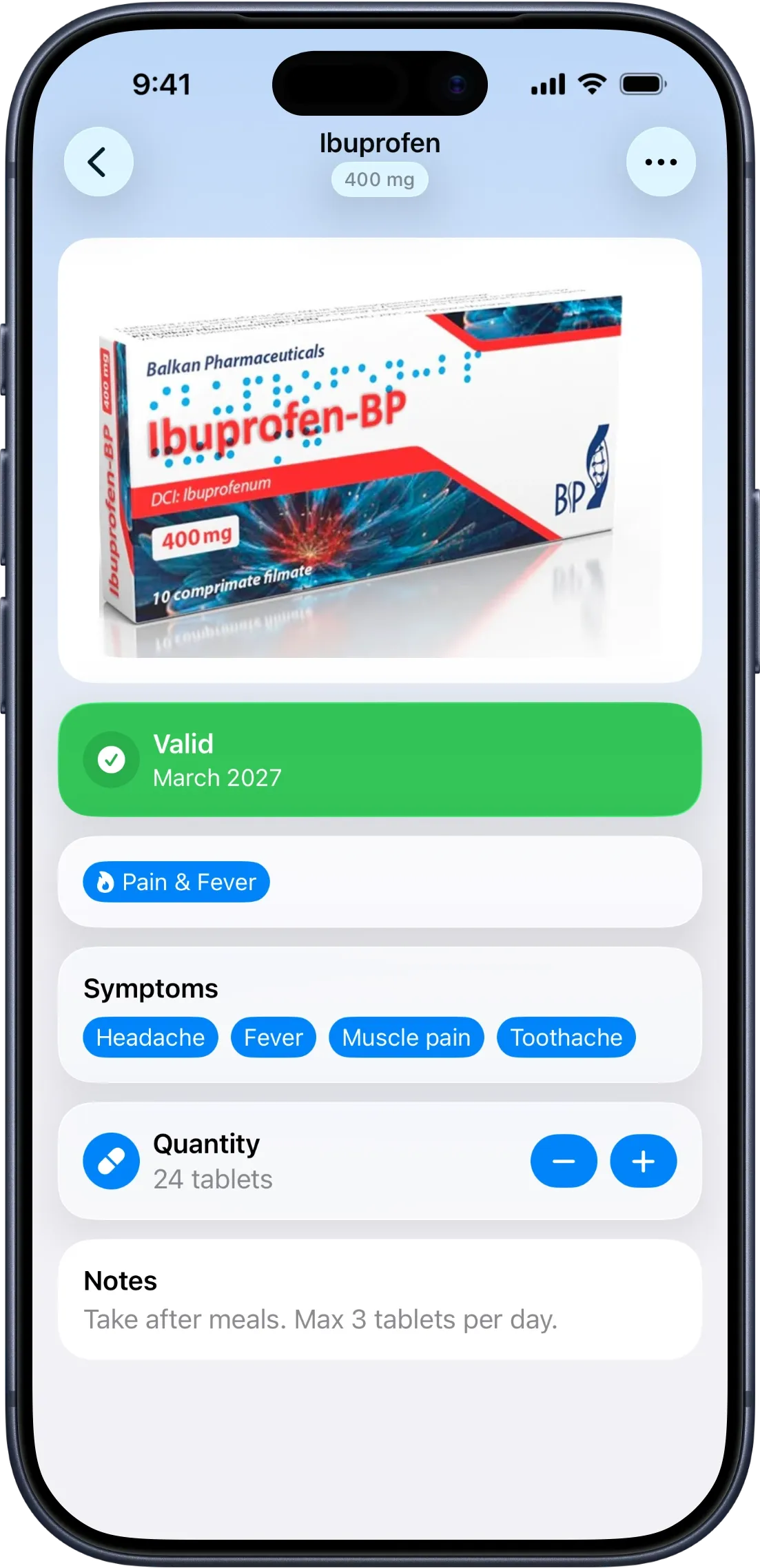 iPhone medicine detail screen for Ibuprofen with a 400 mg badge shown right under the name in the navigation bar