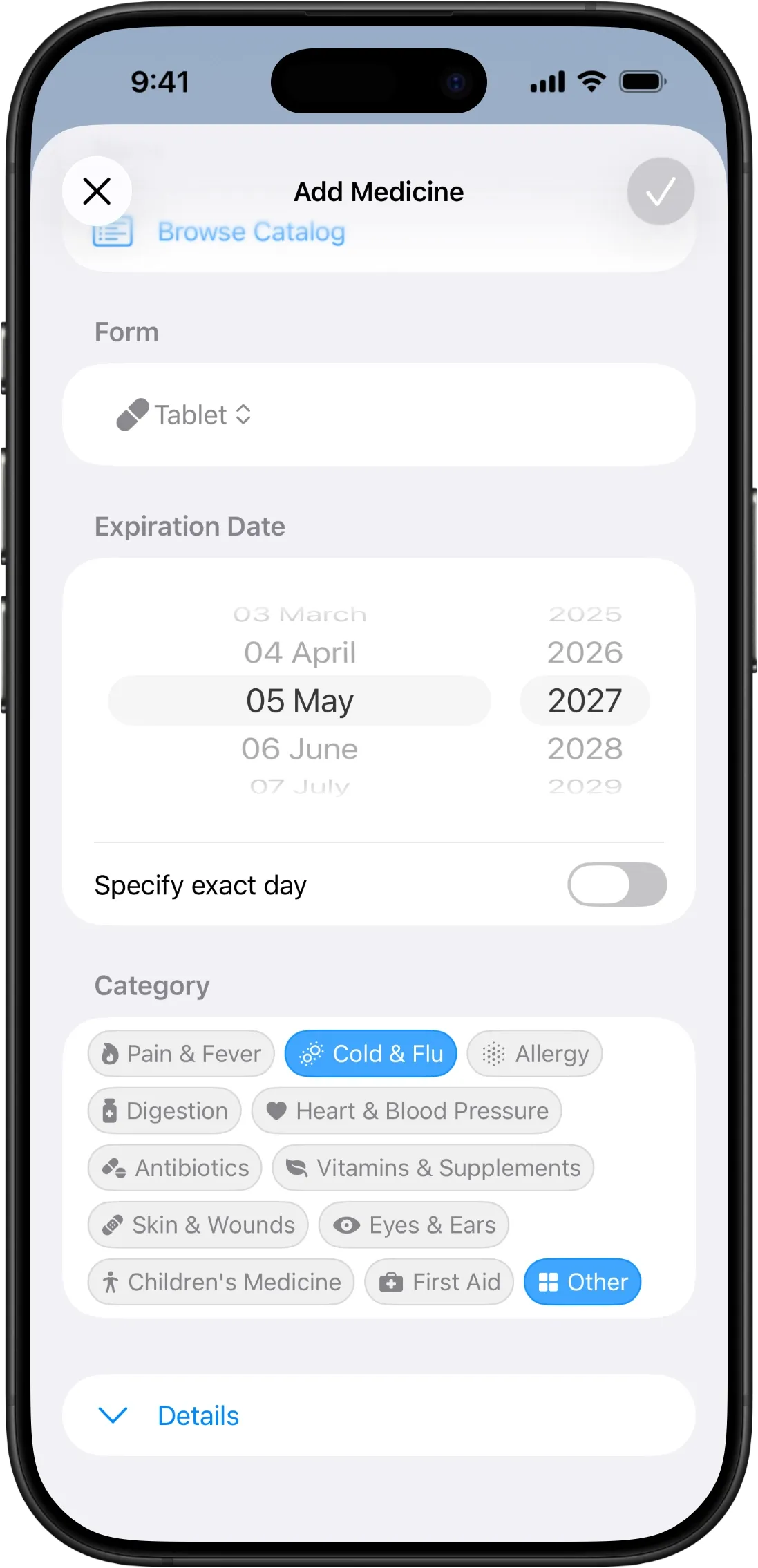 MyAidKit medicine date picker showing months prefixed with two-digit numbers, like 