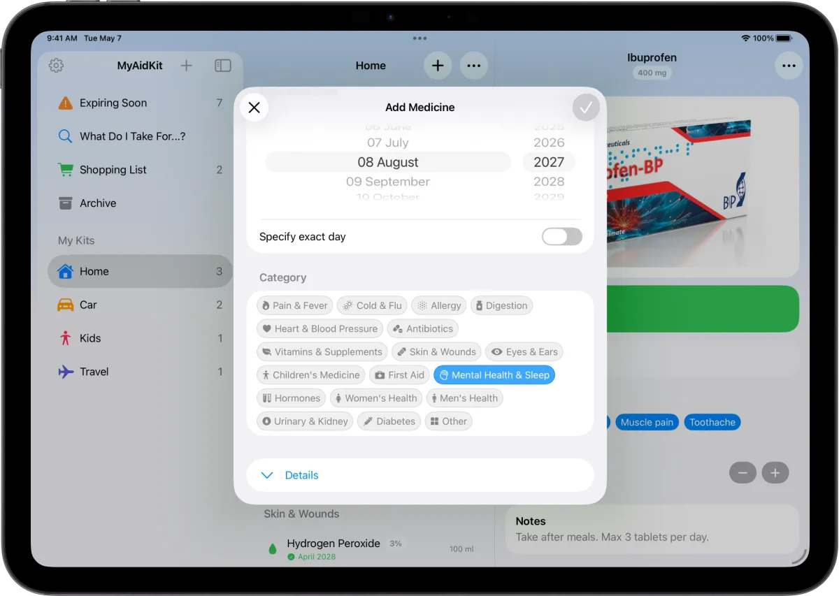 iPad Add Medicine form's category grid, showing Mental Health & Sleep selected alongside Hormones, Women's Health, Men's Health, Urinary & Kidney, and Diabetes