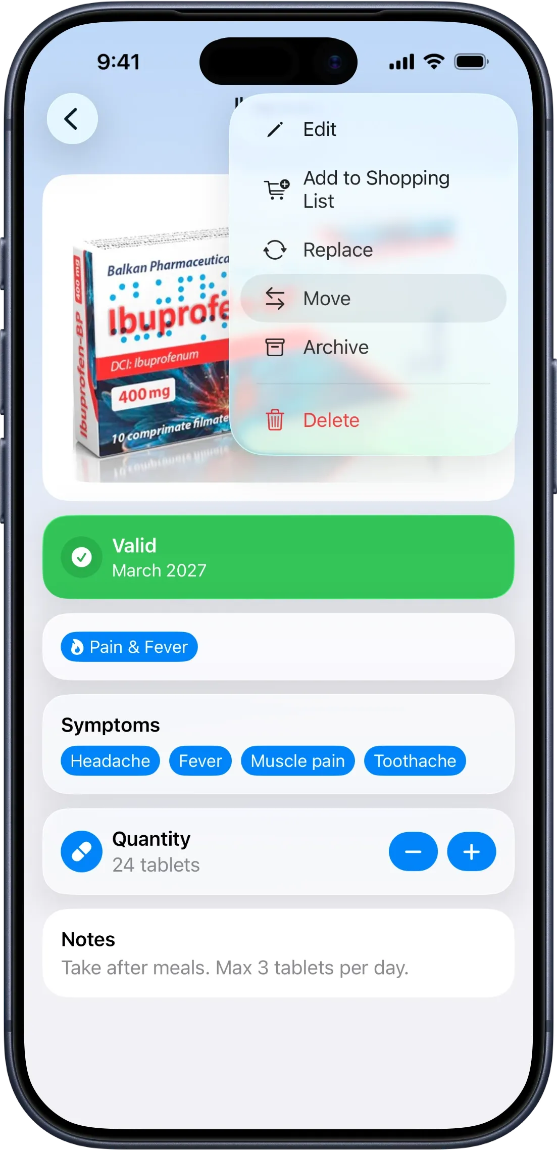 iPhone medicine detail screen with the options menu open, showing Move highlighted alongside Edit, Add to Shopping List, Replace, Archive, and Delete