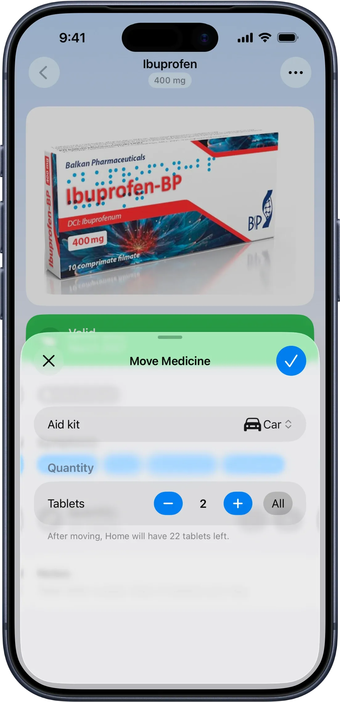 iPhone Move Medicine sheet with a destination Aid Kit picker set to Car, a Tablets stepper at 2 with an All button, and a note reading 'After moving, Home will have 22 tablets left.'