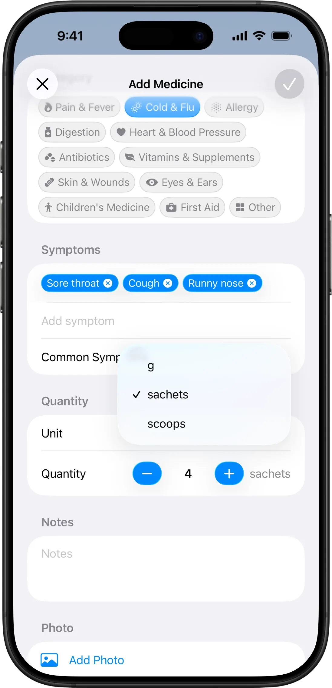 MyAidKit Add Medicine screen with the new Unit picker open, letting the user choose between grams, sachets, and scoops for a powder medicine on iPhone.