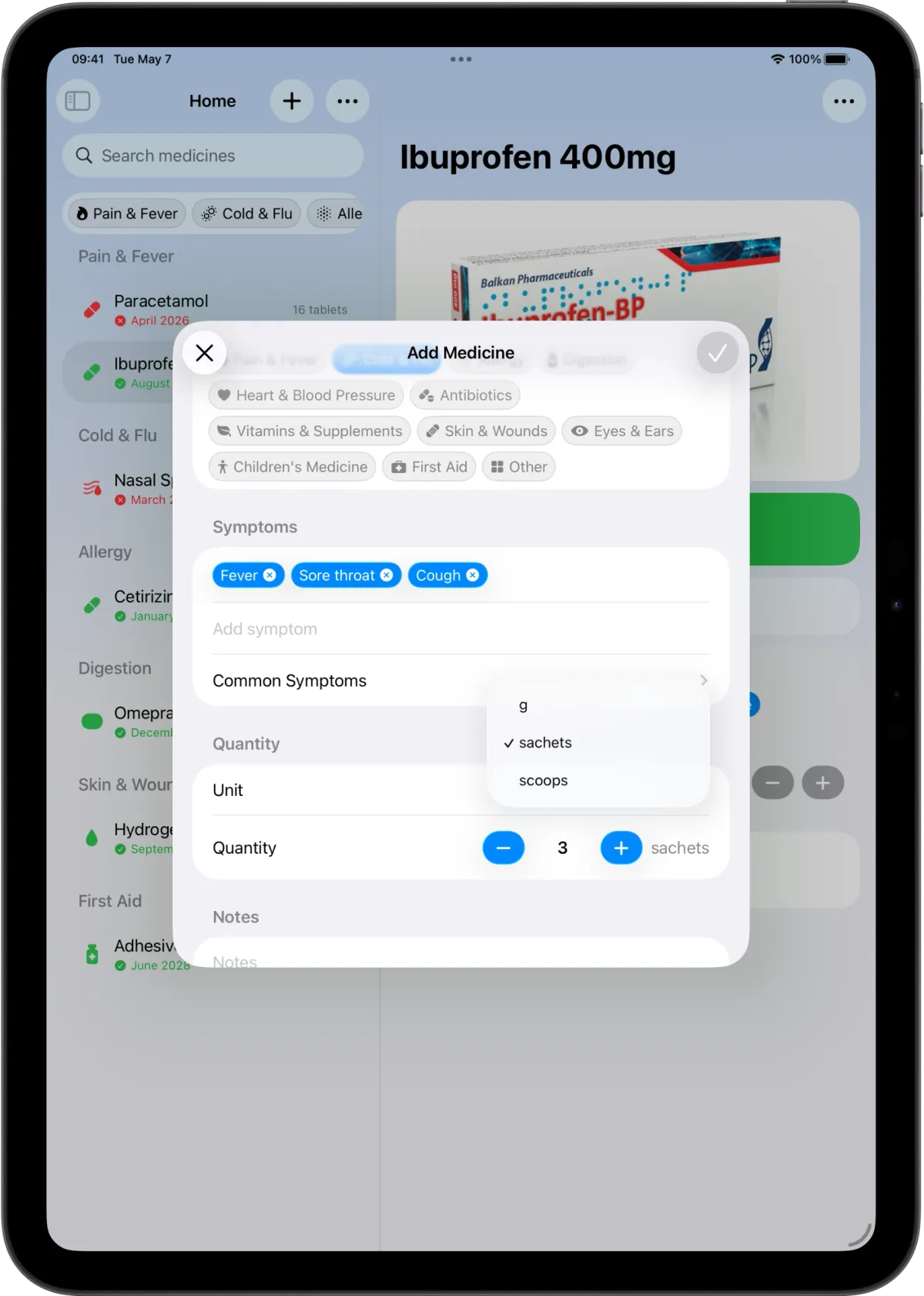 MyAidKit Add Medicine screen with the new Unit picker open, letting the user choose between grams, sachets, and scoops for a powder medicine on iPad.