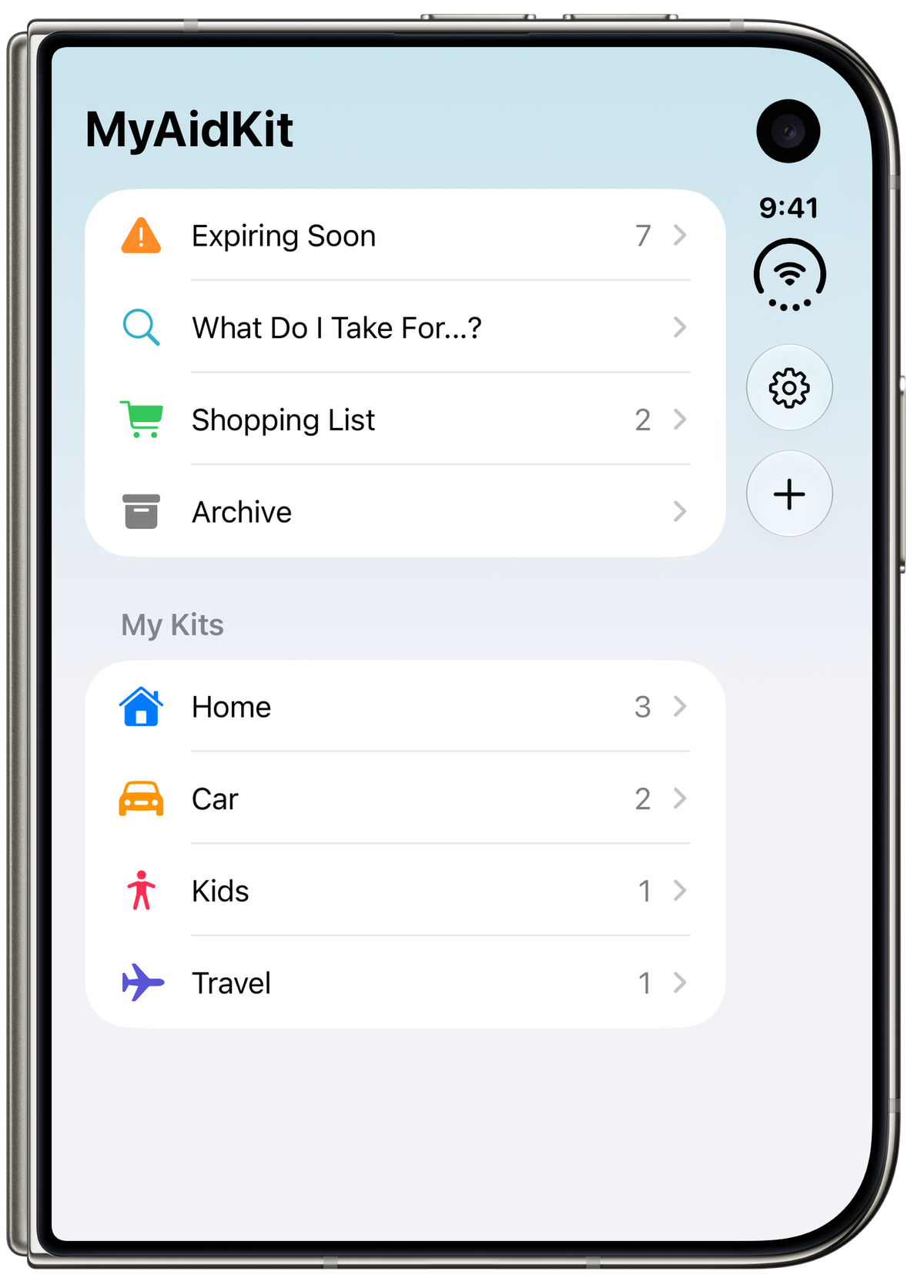 MyAidKit on the folded iPhone Duo cover display. The home screen lists Expiring Soon (7), What Do I Take For...?, Shopping List (2) and Archive, followed by the My Kits section with Home (3), Car (2), Kids (1) and Travel (1).